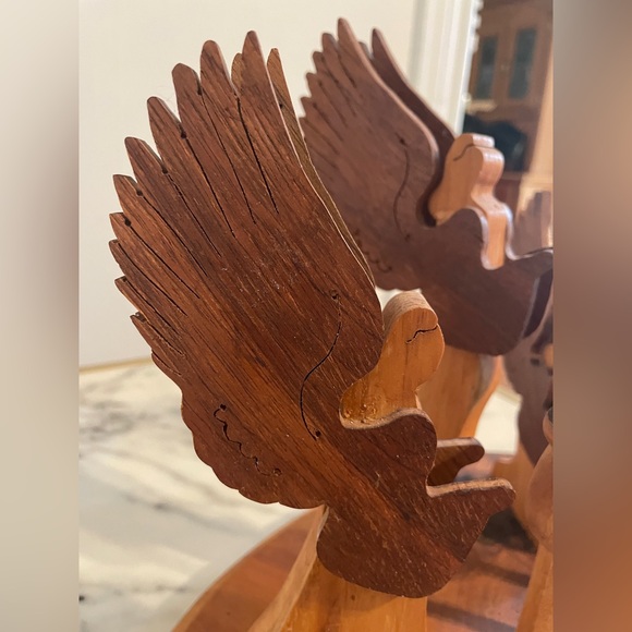 Primitive Wooden Hand Made Triple Angel Taper Candle Stick Holder - Picture 9 of 12